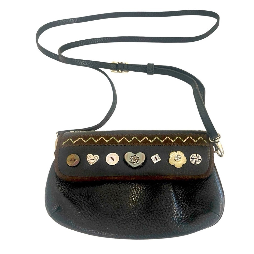 Brighton Mini “Love Story” Black Leather Button Embellished Crossbody Bag